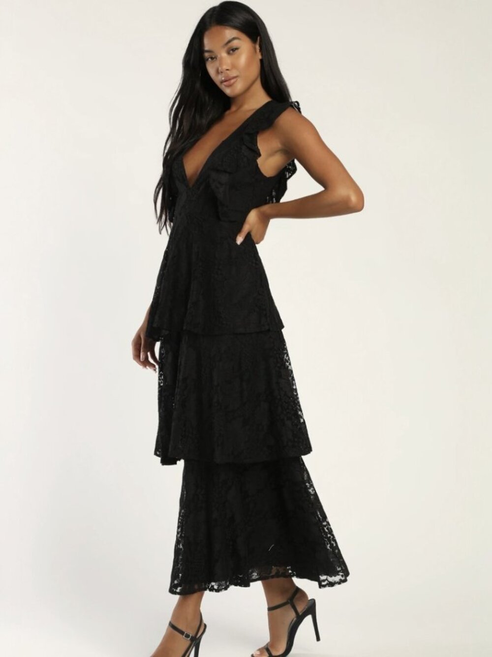 Lulus Molinetto Black Lace Ruffled Tiered Sleeveless Maxi Dress NWT - Picture 4 of 9